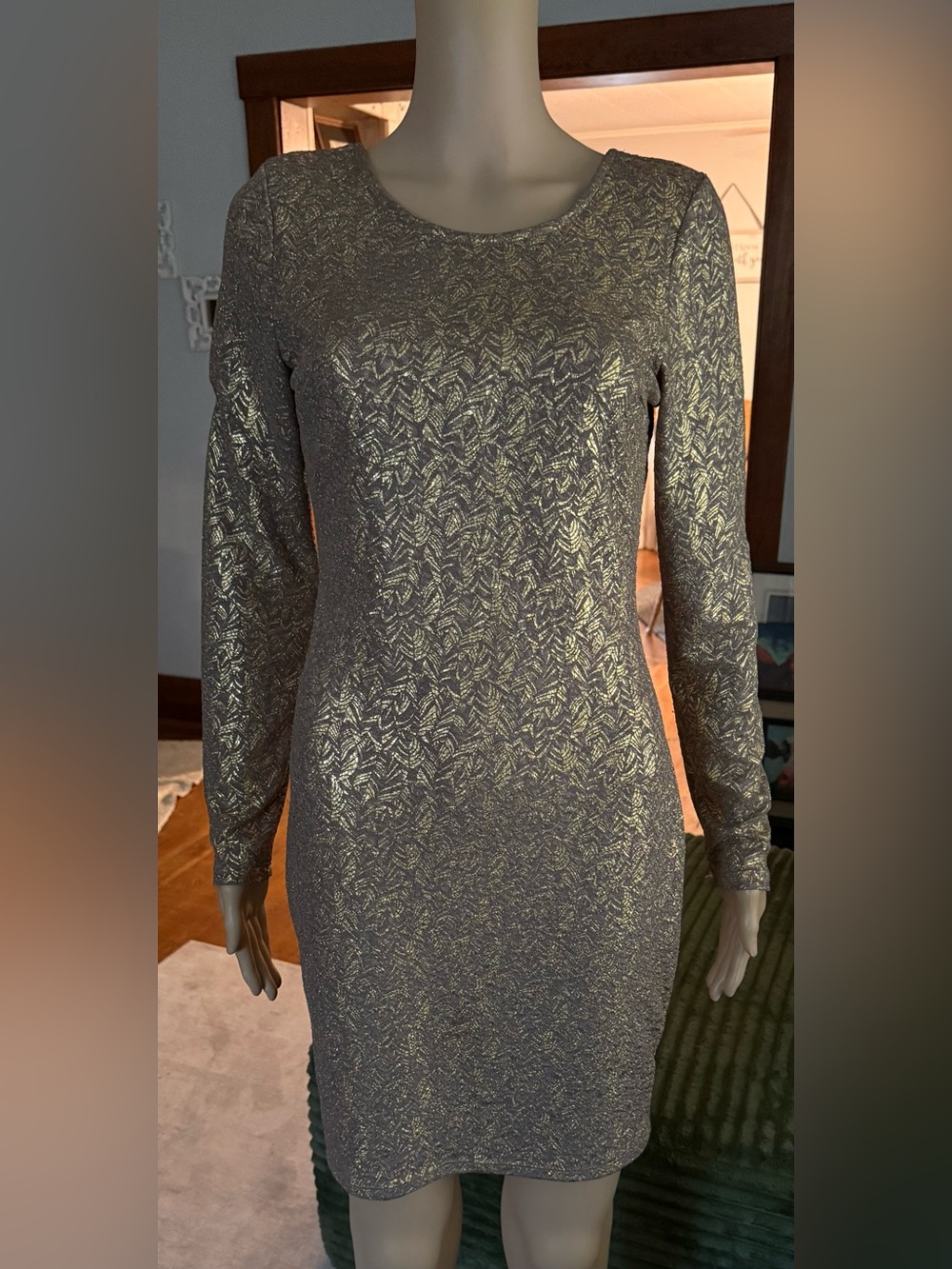 Metallic Gold Long-Sleeve Sheath Dress Rhapsody size Medium